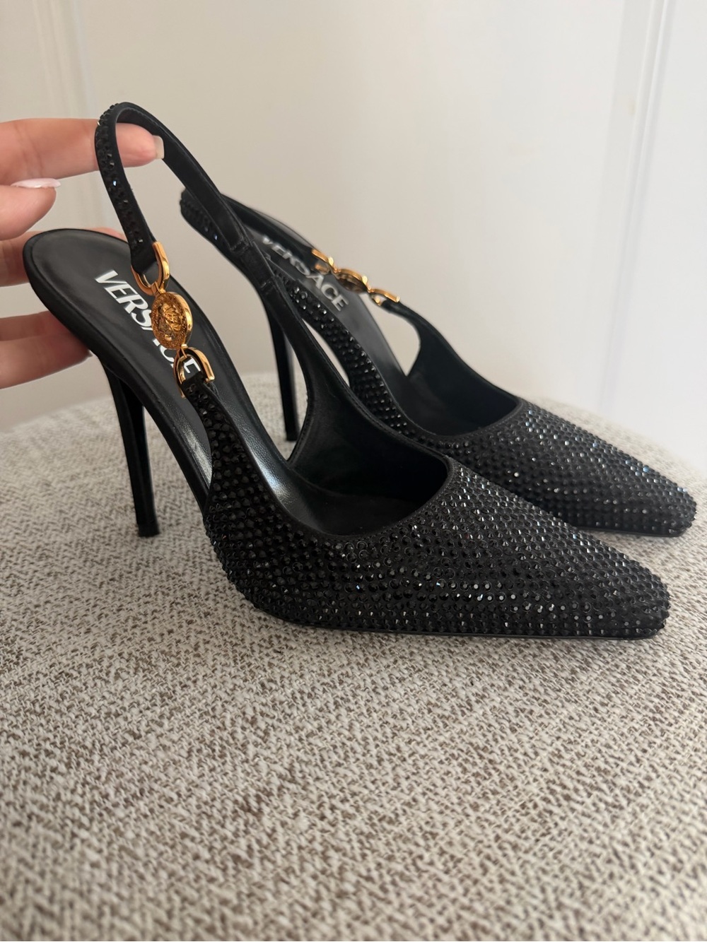 Versace Black Crystal Slingback Pumps with Gold Charm